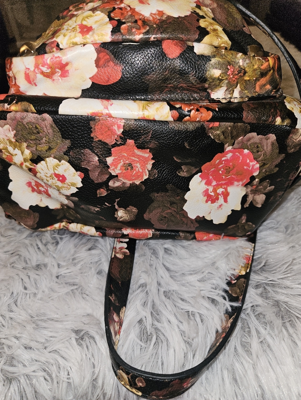 Moody Floral Mini Backpack ✧ Black Vintage Rose Print Faux Leather Bag - Picture 5 of 7